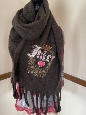 Vtg Juicy Couture Scarf Chocolate Brown Y2K Logo Embroidered Oversized Wrap 72”